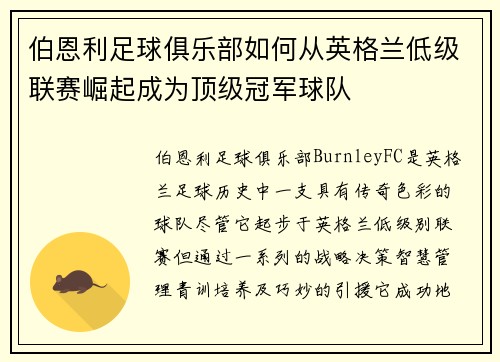伯恩利足球俱乐部如何从英格兰低级联赛崛起成为顶级冠军球队