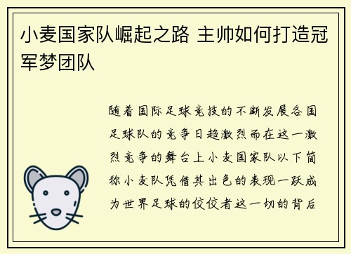 小麦国家队崛起之路 主帅如何打造冠军梦团队